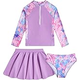 Girls Swimsuit 3-Piece Zipper Rash Guard UPF 50+ Long Sleeve Skirt Set Bathing Suit Size 6-12 Years