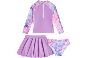 VIEILLE Girls Swimsuit 3-Piece Zipper Rash Guard UPF 50+ Long Sleeve Skirt Set Bathing Suit Size 6-12 Years