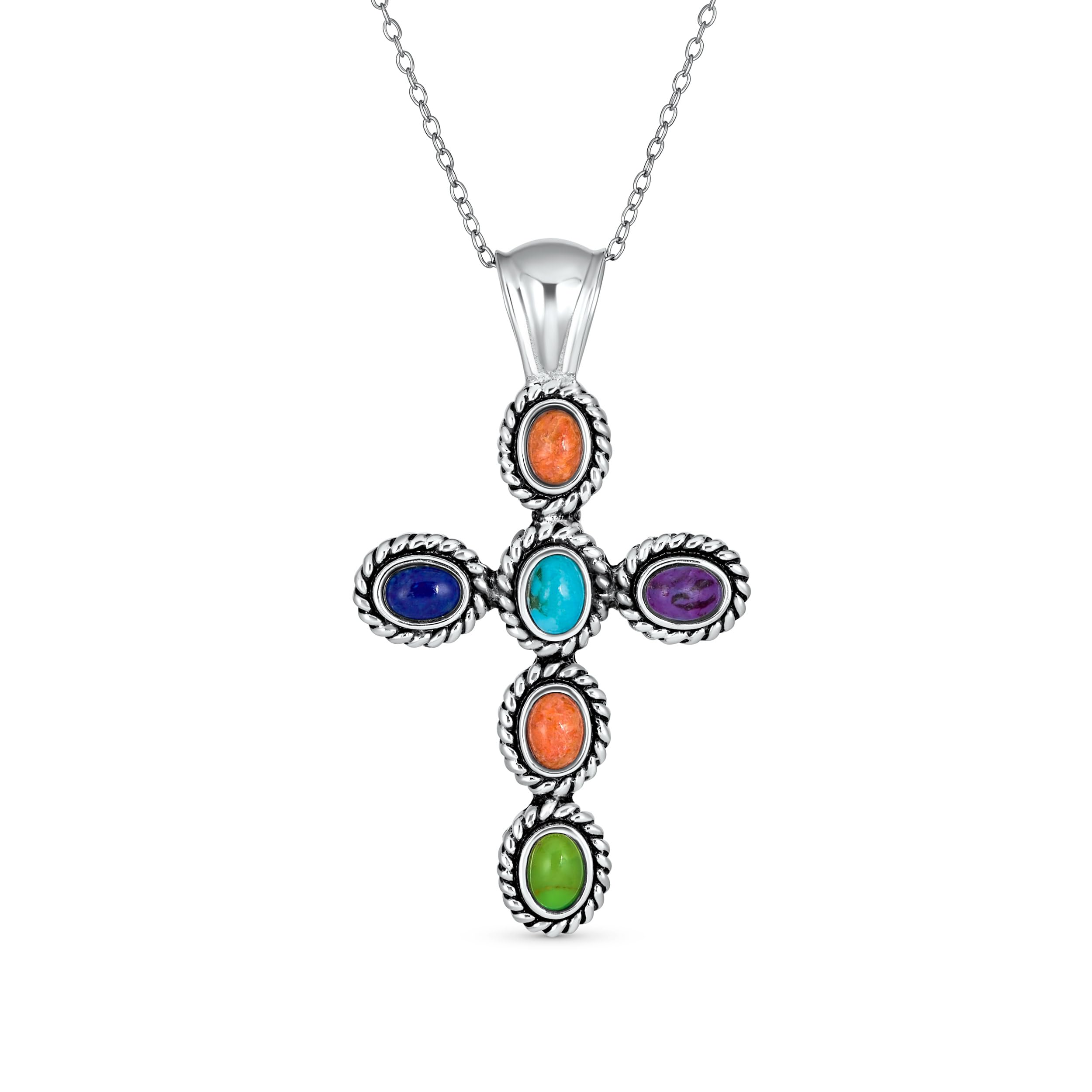 Bling Jewelry South Western Style Multi Color Gemstone Stones Bezel Set Cross Pendant Necklace For Women .925 Sterling Silver โ image 1