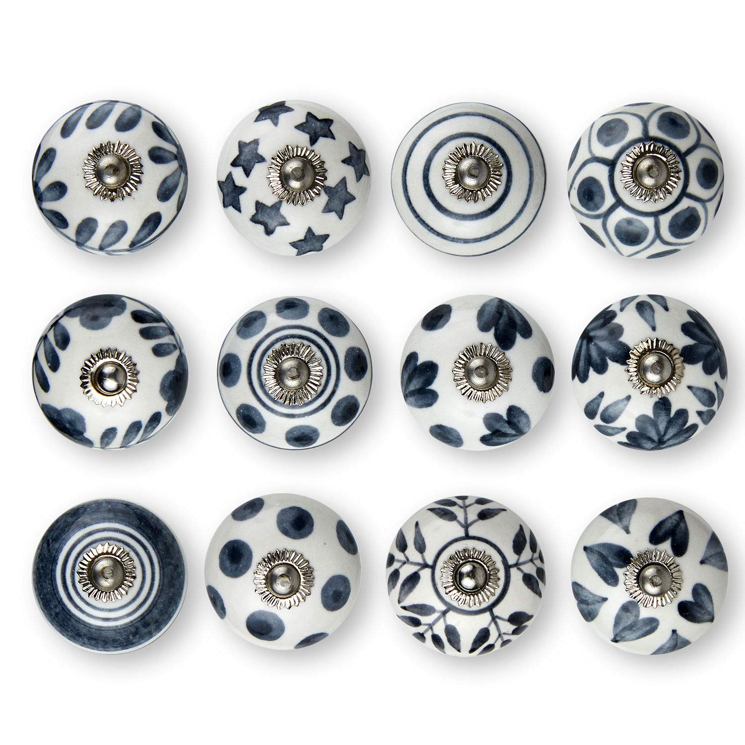 Set of 12 Handmade Ceramic Knobs | 3 Colour Design Ceramic Cabinet Knobs | Drawer Pulls for Home, Kitchen, Bathroom or Office | Drawer Knobs Comes with Wrench, Screw Cap & Extra Screws, Bolts (Grey)
