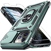 Janmitta Case for iPhone 16 Phone Cover Built in Slide Camera Lens Cover+Screen Protector,Heavy Duty Shockproof Full Body PhoneCase with Finger Ring Holder Kickstand,Dark Green