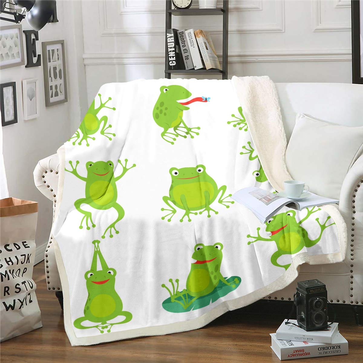 Loussiesd Kids Fleece Blanket Frog Print Throw Blanket Cute Cartoon Animal Pattern Sherpa Blanket for Couch Bed Sofa Microfiber Green Leaf Frog Fuzzy Blanket Nature Theme Room Decor Single 50"x60"