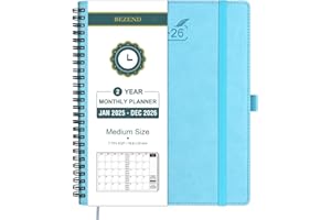 BEZEND 2 Year Monthly Planner 2025-2026 Medium Size 7" x 9" (Jan 2025 - Dec 2026) Spiral Calendar Book with Tabs, 120 GSM Thick Paper, Storage Pockets & Notes, PU Leather Softcover in Sky Blue