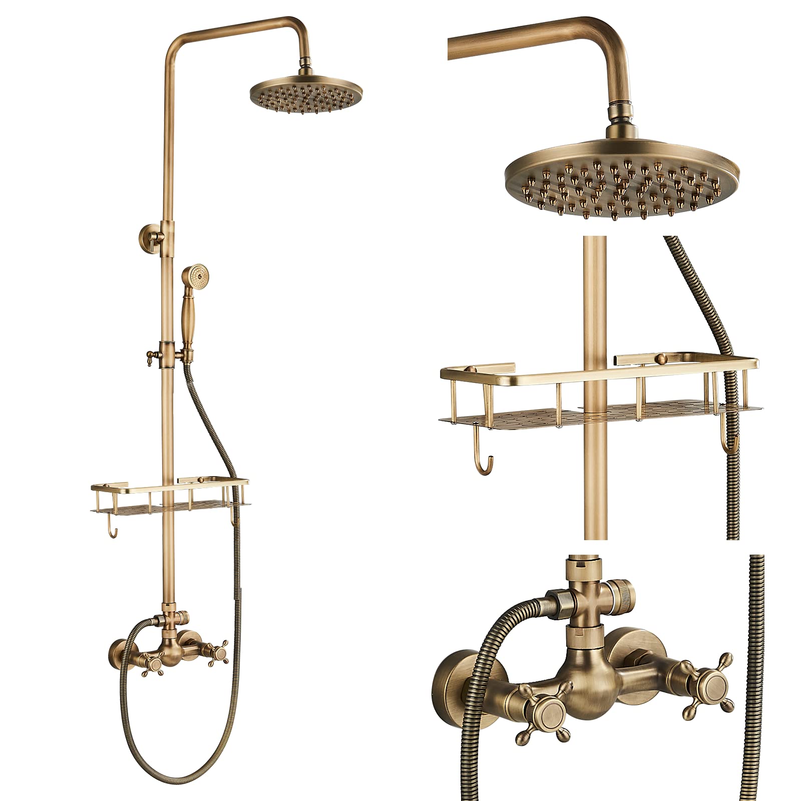 Rozin Brass Antique Shower Fitting with Hand Shower & Storage Shelf