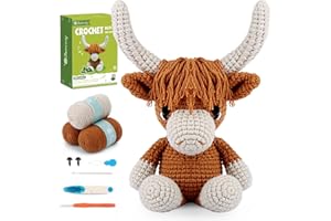 Faircosy Crochet Starter Kit for Beginners: Highland Cow Knitting Kit for Adults and Kids with Video Tutorials - Learn to Crochet Set Animal (40%+ Yarn)