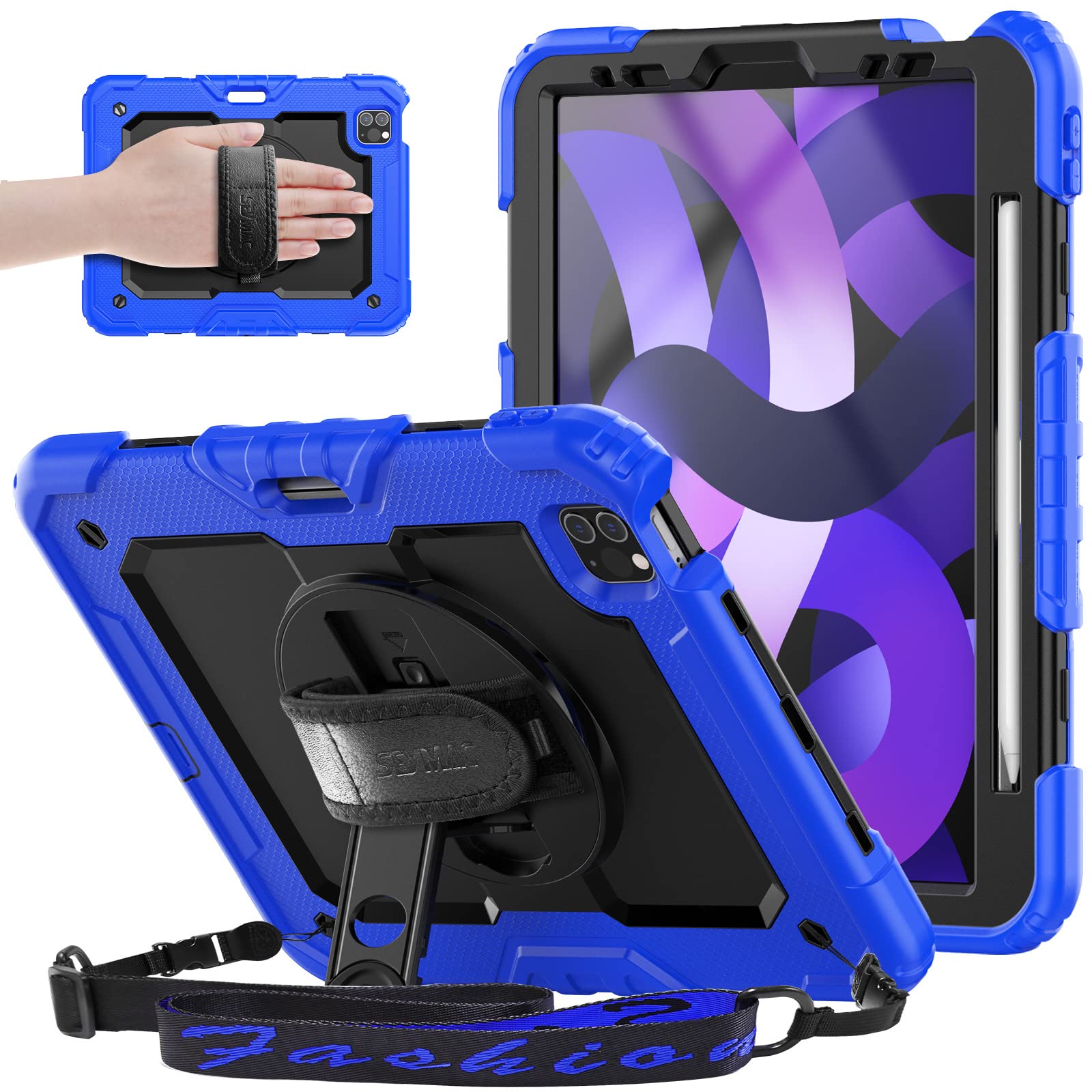 SEYMAC Case for iPad Air 5th Gen 2022 10.9” and iPad Air 4th & iPad Pro 11 2022/2021/2020/2018, Three Layers Protective Case with Pencil Holder, [360° Kickstand/Hand Strap], Screen Protector, Blue