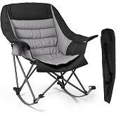 Oversized Heavy Duty Camping Rocking Chair 400lbs, Padded Folding Lawn Rocker with Cup Holder Side Pocket, Portable Wide Seat Outdoor Foldable Chair with Carry Bag for Camp Patio Beach Tailgate, Black