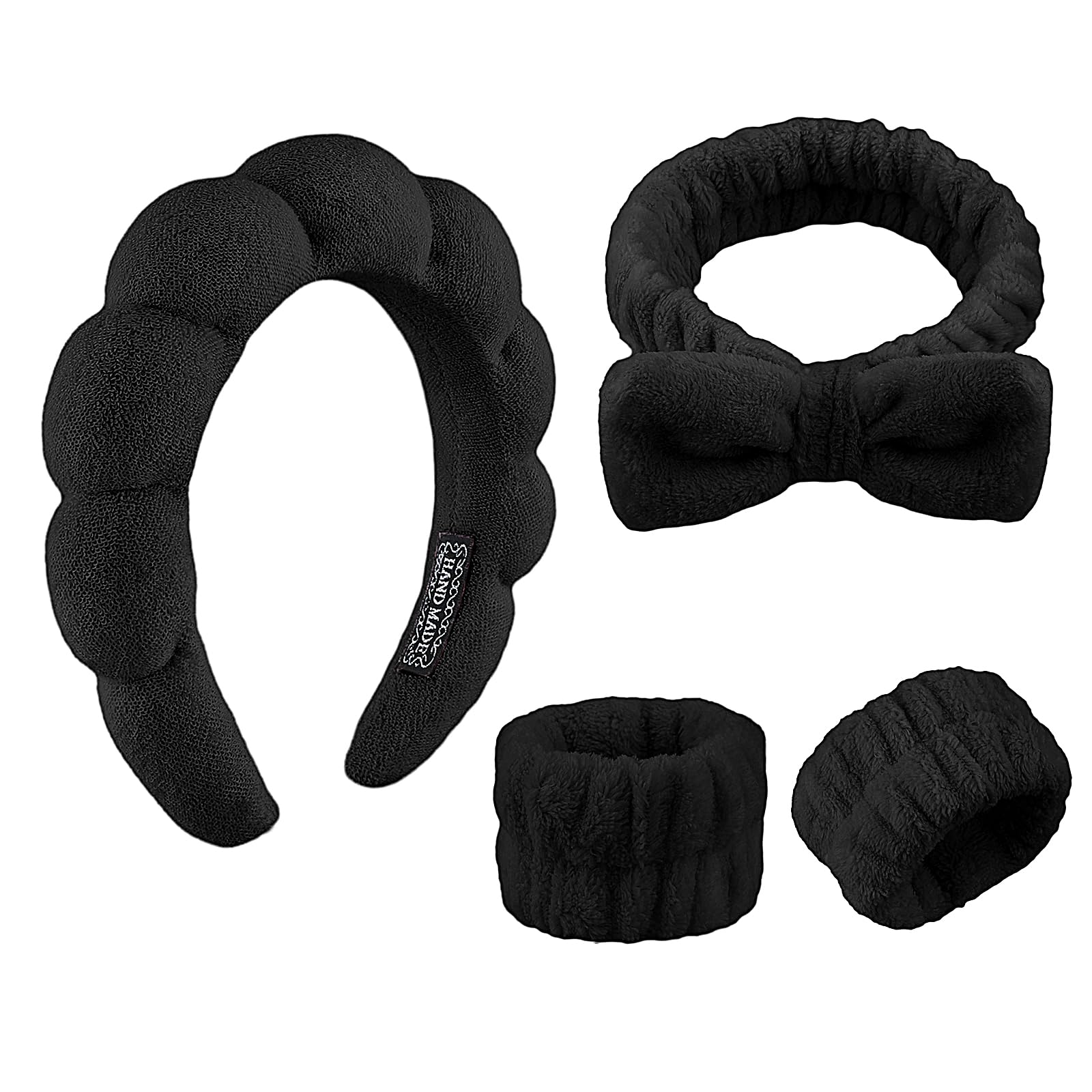 YUXIANLB Spa Headband for Washing Face, Skincare Headbands for Women Makeup, Terry Cloth Towel Hairband for Skincare, Sponge Puffy Make Up Hair Band for Women, Face Washing Wristband Pack of 4 (Black) — image 1
