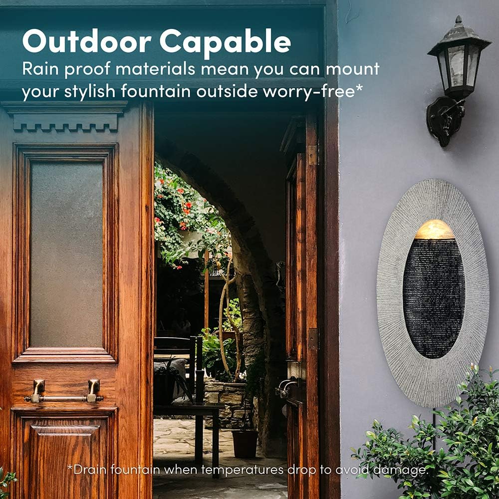 Make Lemonade Indoor/Outdoor Waterfall Hanging Fountain, Handcrafted Natural Faux Stone Exterior with LED Lights, Patio and Home Wall Décor, Oval, Tan: Home & Kitchen