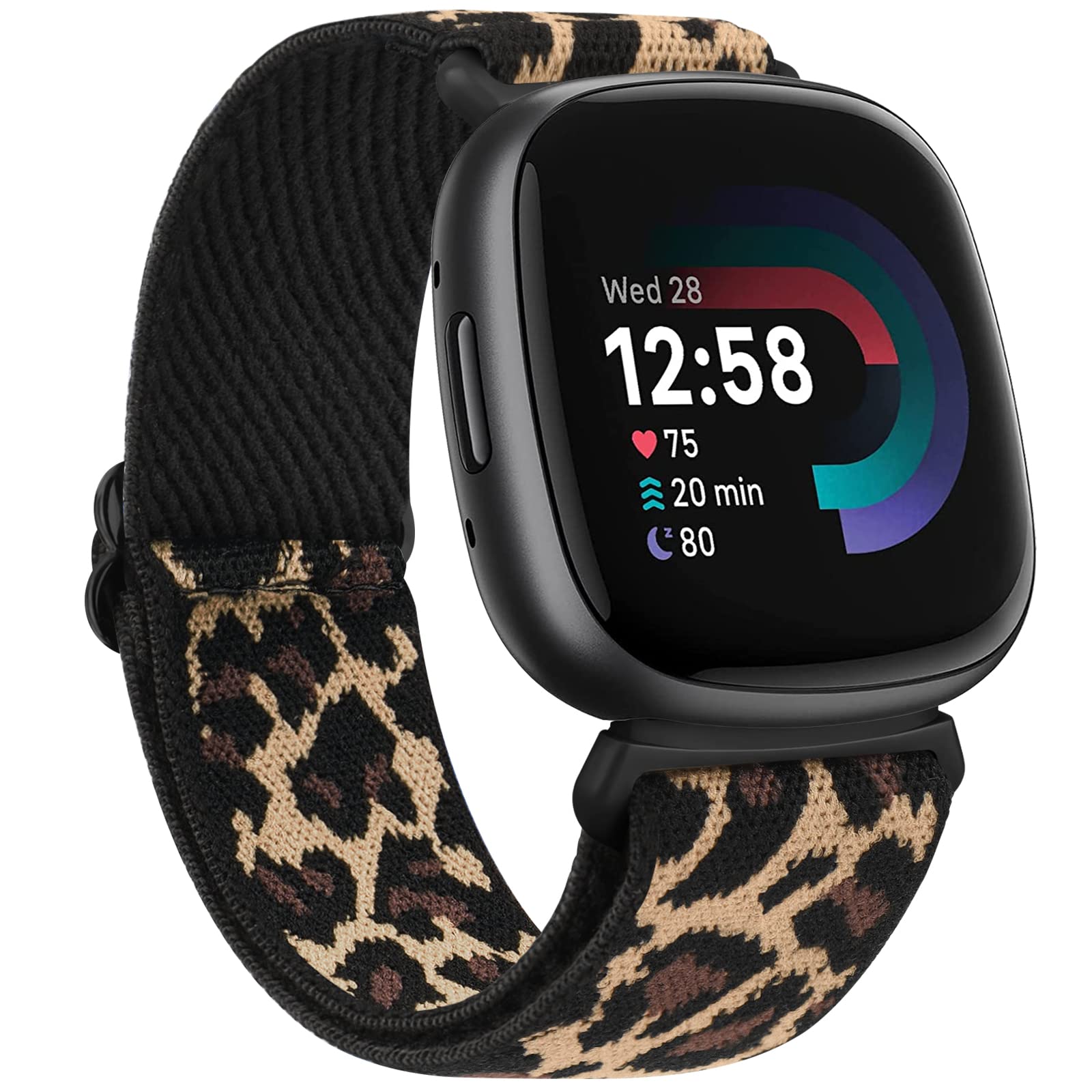 AK Compatible with Fitbit Versa 4/Versa 3/Sense/Sense 2 Strap, Soft Elastic Nylon Sport Replacement Band, Leopard