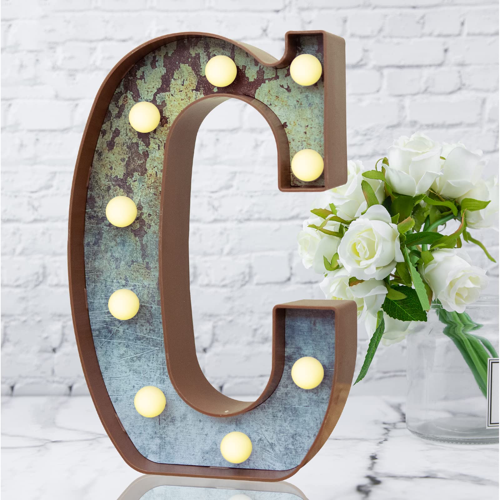 LED Marquee Light Up Letters Industrial Vintage Style Lighted Letters Rust Metal Effect Marquee Letter with Lights Illumination Letter Signs for Christmas Wedding Birthday Party Home Cafe Bar Decor-C