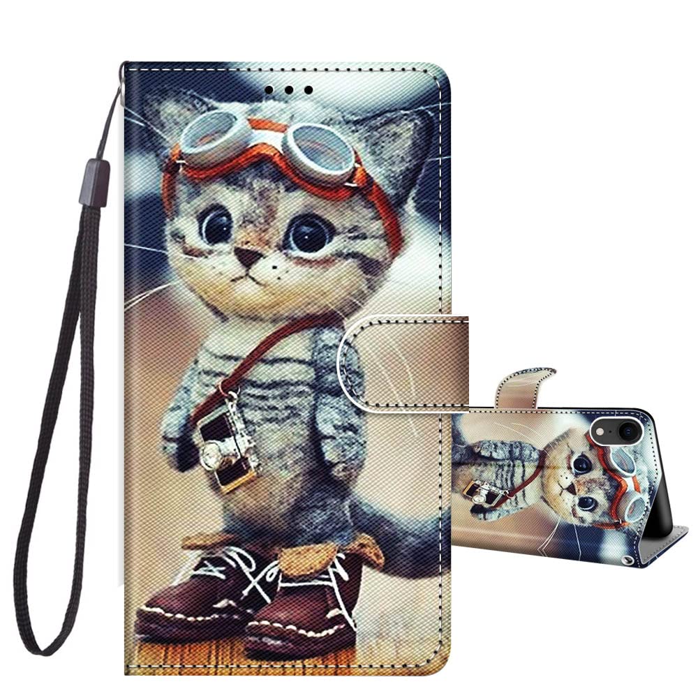 JRIANY for iPhone XR Case, PU Leather Wallet Case with Cute Pattern [Card Holder] [Kickstand], Flip Case, Shockproof Cover Compatible with Apple iPhone XR, Cat C — image 1