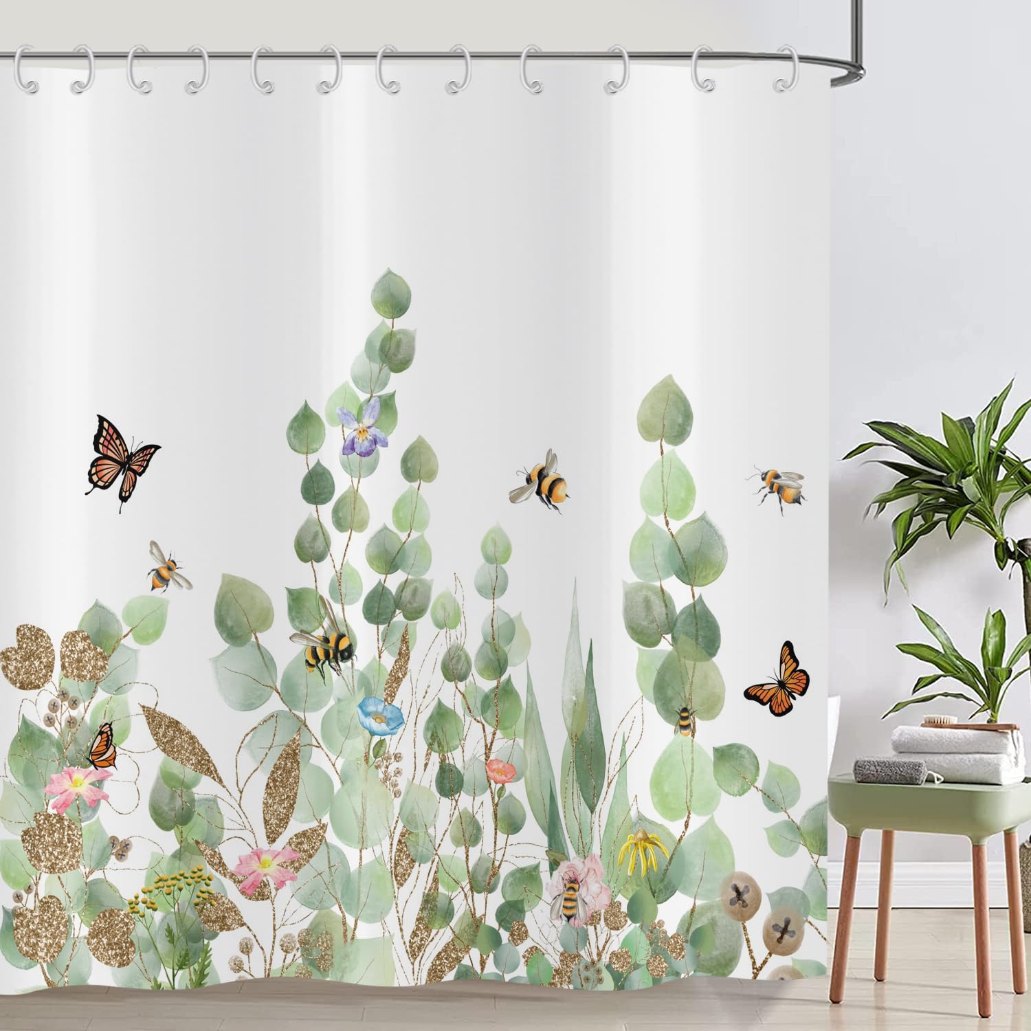 ASDCXZ Leaves Shower Curtain 180x200 cm, Spring Simplicity Green Gold Leaves Honey Bee Butterfly Bath Washable Shower Curtains Polyester Textile Waterproof Bath Curtain for Bathtub with 12 Hooks — image 1