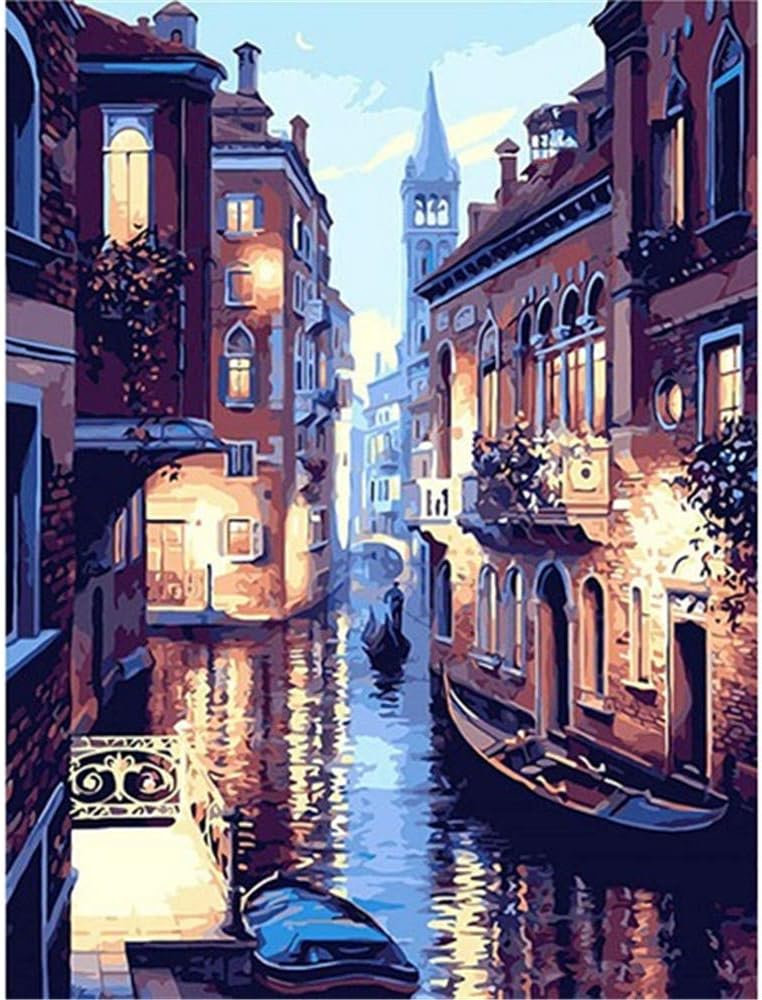 Paint by Numbers Kits DIY Oil Painting Home Decor Wall Value Gift-Water Town 16X20 Inch (with Frame)