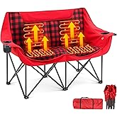 Padded Heated Double Camping Chair for Adults, 4 Heating Zones & 3 Heat Levels, Padded Loveseat Oversize Folding Chair Portable for Outdoor Sports Lawn, Use 5v/3a Power Bank(Red Plaid)