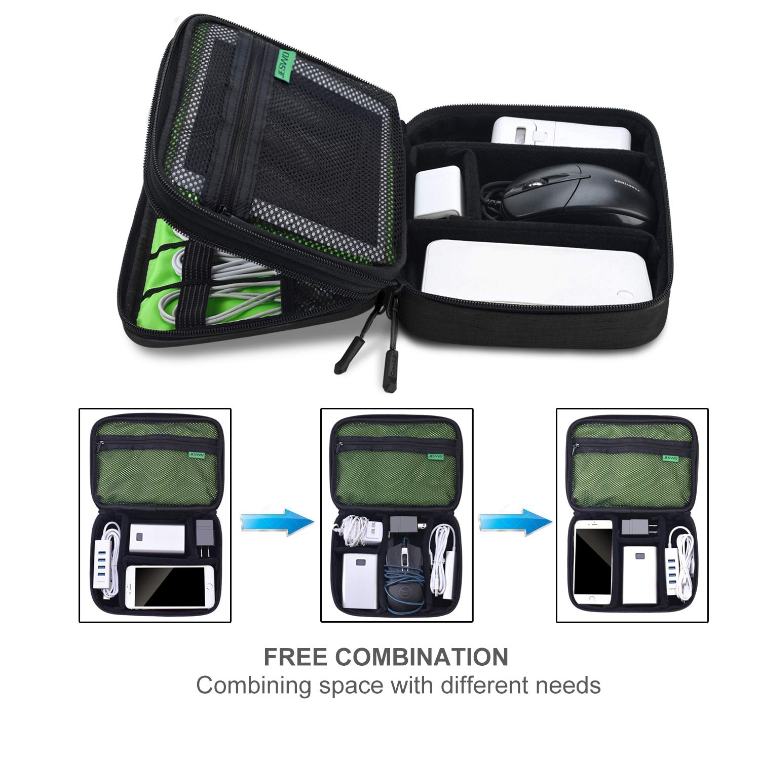 JESWO Electronic Organizer, Travel Cord Organizer, Electronic Accessories Double Layer Travel Organizer Bag for Cables, SD Cards, Hard Drive, Power Bank, iPad Mini (Up to 7.9\'\') and More - Black