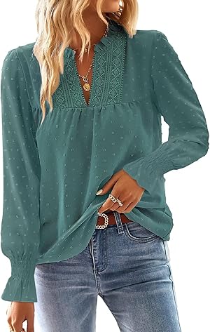 TUUHAW Langarmshirt Damen Herbst Boho Top Oberteile Fließend Elegant V-Ausschnitt T Shirt Süß Lässig Outfits Frühling Winter Longshirt Spitze Kleidung Paspel Volant