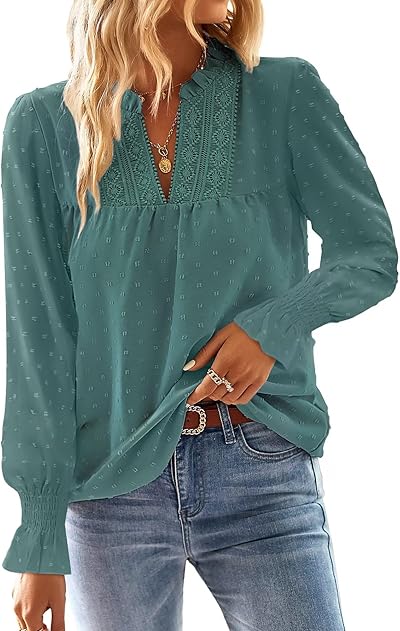 TUUHAW Langarmshirt Damen Herbst Boho Top Oberteile Fließend Elegant V-Ausschnitt T Shirt Süß Lässig Outfits Frühling Winter Longshirt Spitze Kleidung Paspel Volant