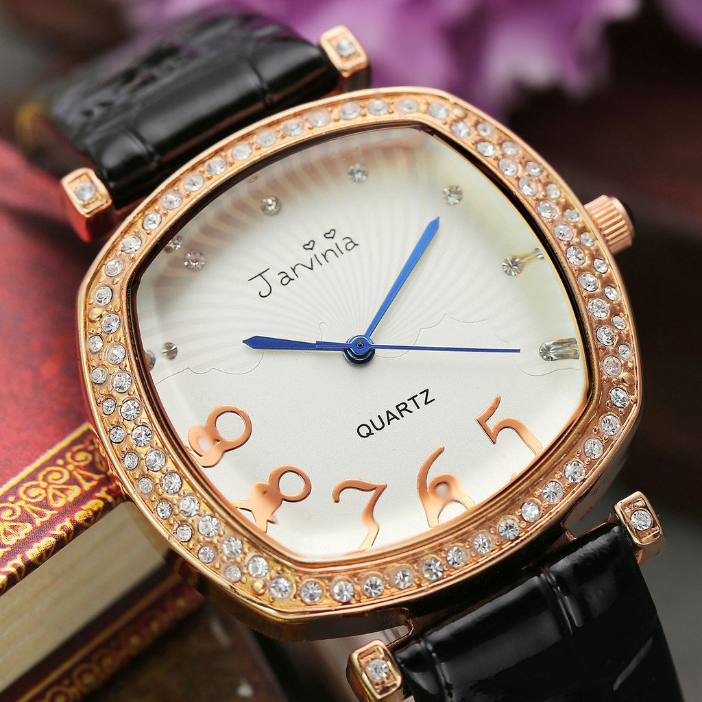 JSDDE Uhren,Elegant Frau Damen Armbanduhr Strass Quadrat Damenuhr Echtleder Armband Rosegold Analog Qaurzuhr,Schwarz