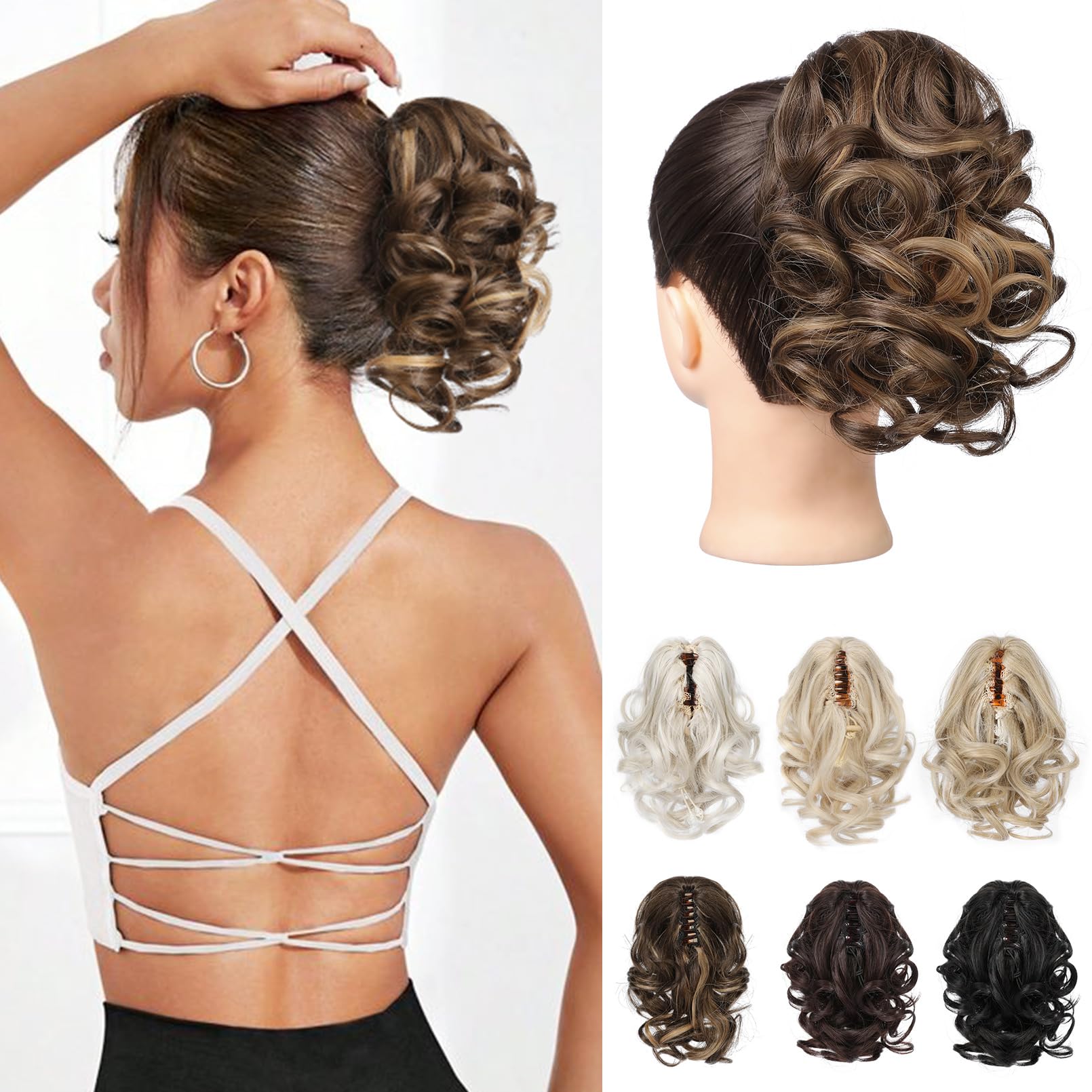Photo 1 of REECHO Ponytail Extension, 9" Claw Clip in Short Curly Wavy Pony Hair Extension Jaw Clip on Pony Tail HP001 Hairpiece for Women - Chestnut Brown with Golden Highlights