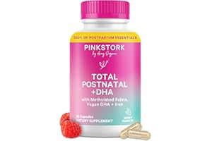 Pink Stork Total Postnatal Vitamins for Women with Vegan DHA, Iron, Folate, and Vitamin B12, Postpartum Recovery Essentials, Daily Supplement for Breastfeeding Moms - 1 Month Supply