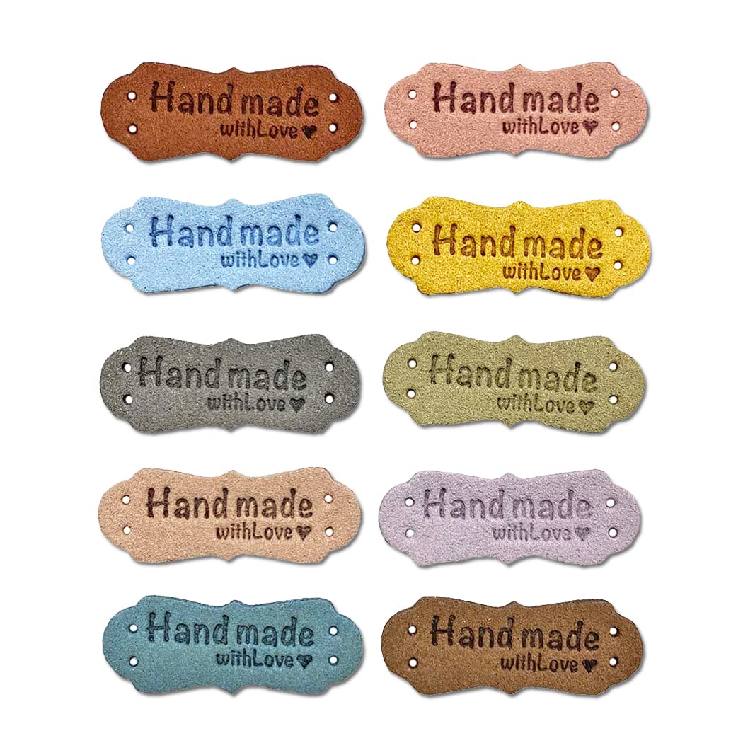 Borsgye 50PCS PU Leather Tags Handmade Embossed Tag Faux Leather Sew on Labels Embellishment Crochet Knitting Labels DIY Jeans Bags Shoes Hat Apparel Accessories Irregular - 10 Colors