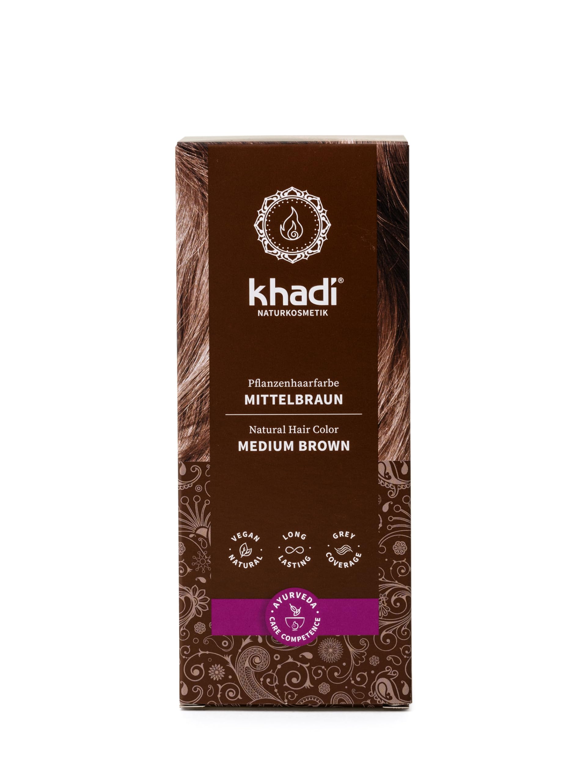 khadi MEDIUM BROWN Natural Hair Colour - Hair dye for lively, warm cinnamon brown to strong, deep medium brown - 100% plant-based - 100g