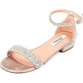 WrangWalker Women's Wide Width Sparkly Rhinestone Flat Sandals | Plus Size Comfortable Low Block Heel Summer Beach Wedding Vacation Party Evening Homecoming Prom Dress Shoes for Wide Feet