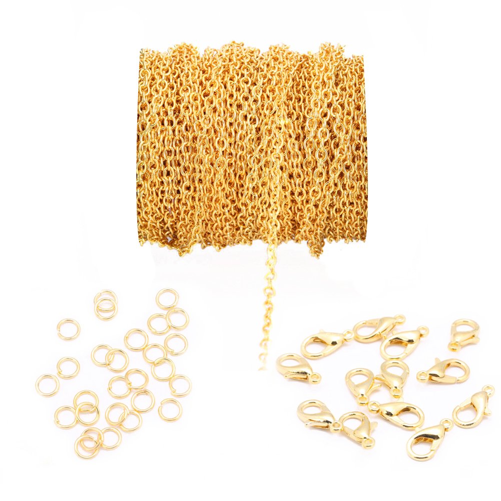 20ft 4x6mm Twisted Cross Chains Metal Cable Chain Link and 20pcs Lobster Clasp & 100pcs Open Jump Ring Jewelry Making Chain for DIY Making Bracelet Necklace (Gold)