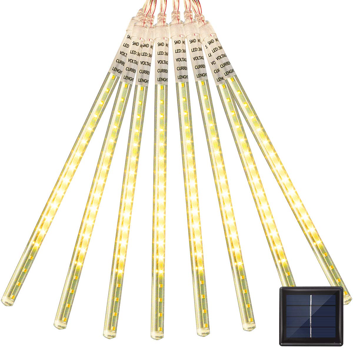 Vmanoo LED Outdoor Lights 8 Tube Meteor Shower Rain Lights Solar Powered Icicle Raindrop Snow Falling Lights Cascading Lighting for Garden Outdoor Patio Holiday Wedding Party Decoration (Warm White)