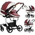 PU Leather 2 in 1 Baby Stroller with Bassinet Convertible Reversible Standard Pram Portable Pushchair Infant Buggy Baby Carriage Foldable High Landscape Pram for Toddler Newborn (2US518-Red)