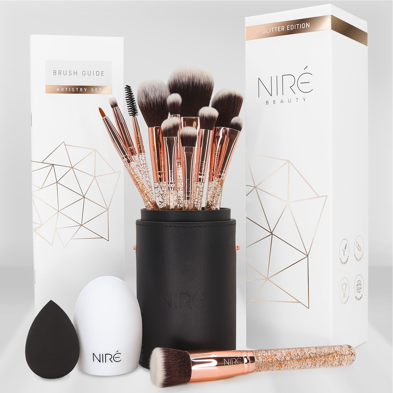 Niré Beauty 15piece Award Winning Glitter Makeup Brushes: Cute Makeup Brushes Set with Case, Blending Sponge, Cleaner, Guide, Gift Box
