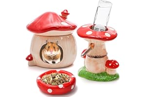 Hacaroa 3 Pack Ceramic Hamster Hideout, Mushroom Shape Guinea Pig Food Bowl Cute Water Bottle with Stand, Cool Hamster Bed House Small Animal Cage Accessories for Dwarf Hamsters, Mice, Gerbils