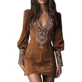 YADMISU Women's Vintage Faux Suede Western Dress Long Sleeve V Neck Embroidered Ruched Short Bodycon Dresses