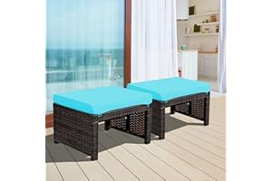 ORALNER Outdoor Ottoman, Set of 2 Wicker Footstools, All-Weather Rattan Foot Stools w/Removable Cushions, Patio Footrest Extra Seating for Porch, Poolside, Garden, Deck, Easy Assembly (Turquoise)