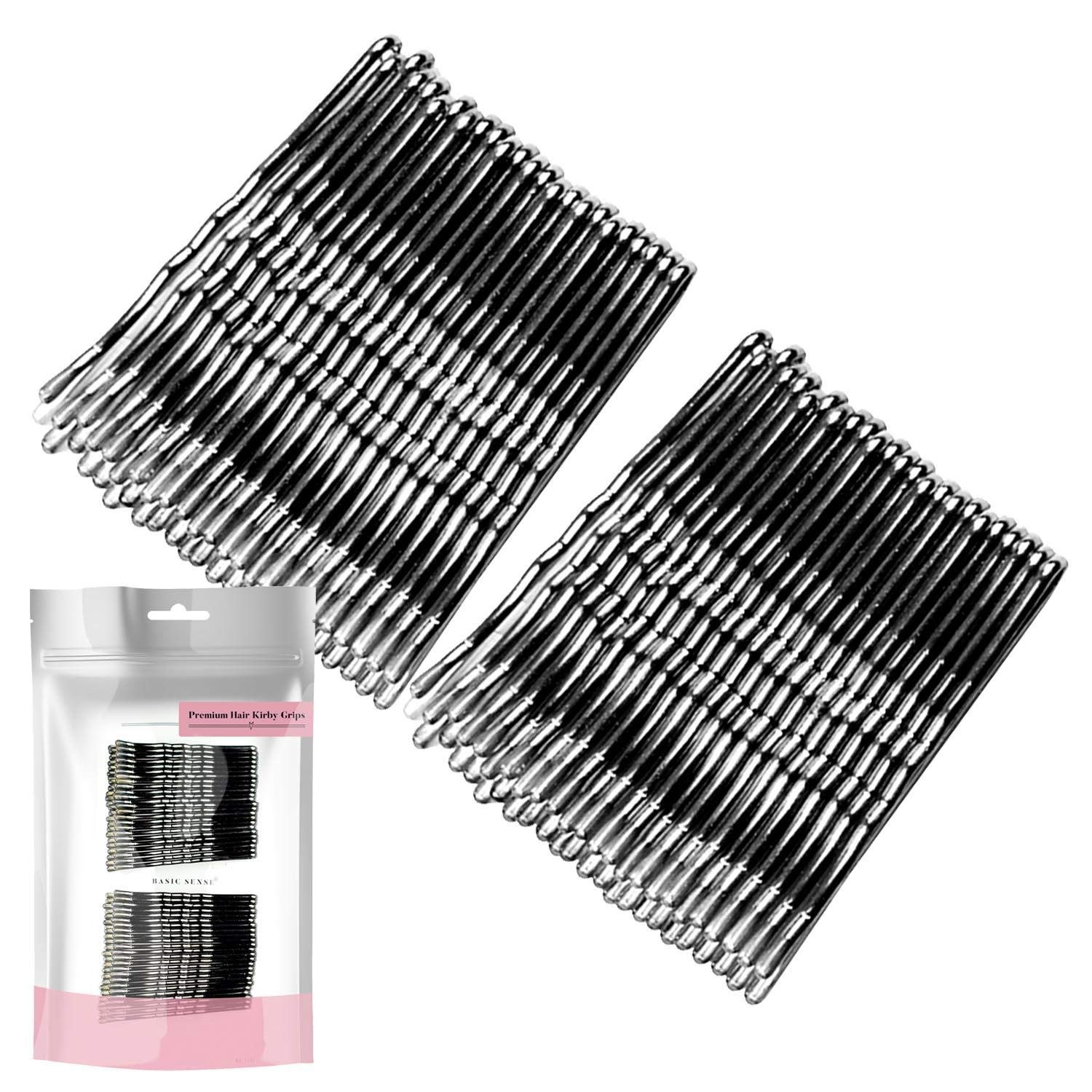 BasicSense 48 PCS Essential Strong Sturdy Wavy Kirby Metal Bobby Pins Grips Hairpins, 5cm(2 inch), Gun Metal