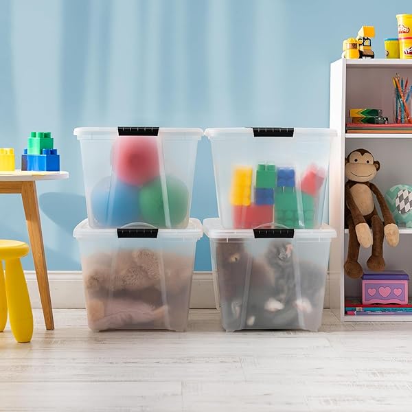 IRIS USA 54 QT STACKABLE PLASTIC STORAGE BINS WITH LIDS, 6 PACK – BPA-FREE, MADE IN USA – SEE-THROUGH ORGANIZING SOLUTION, LATCHES, DURABLE NESTABLE CONTAINERS, SECURE PULL HANDLE – CLEAR