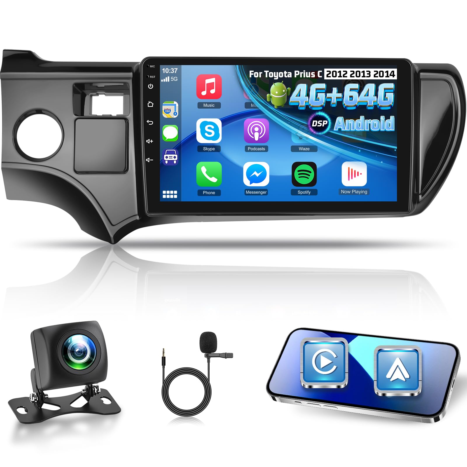 Photo 1 of [4+64G] NHOPEEW Android Car Radio for Toyota Prius C 2012 2013 2014 - Wireless Carplay and Android Auto - 9 Inch HD Touchscreen Car Stereo - EQ Audio/WiFi/GPS/SWC/Bluetooth + AHD Backup Camera