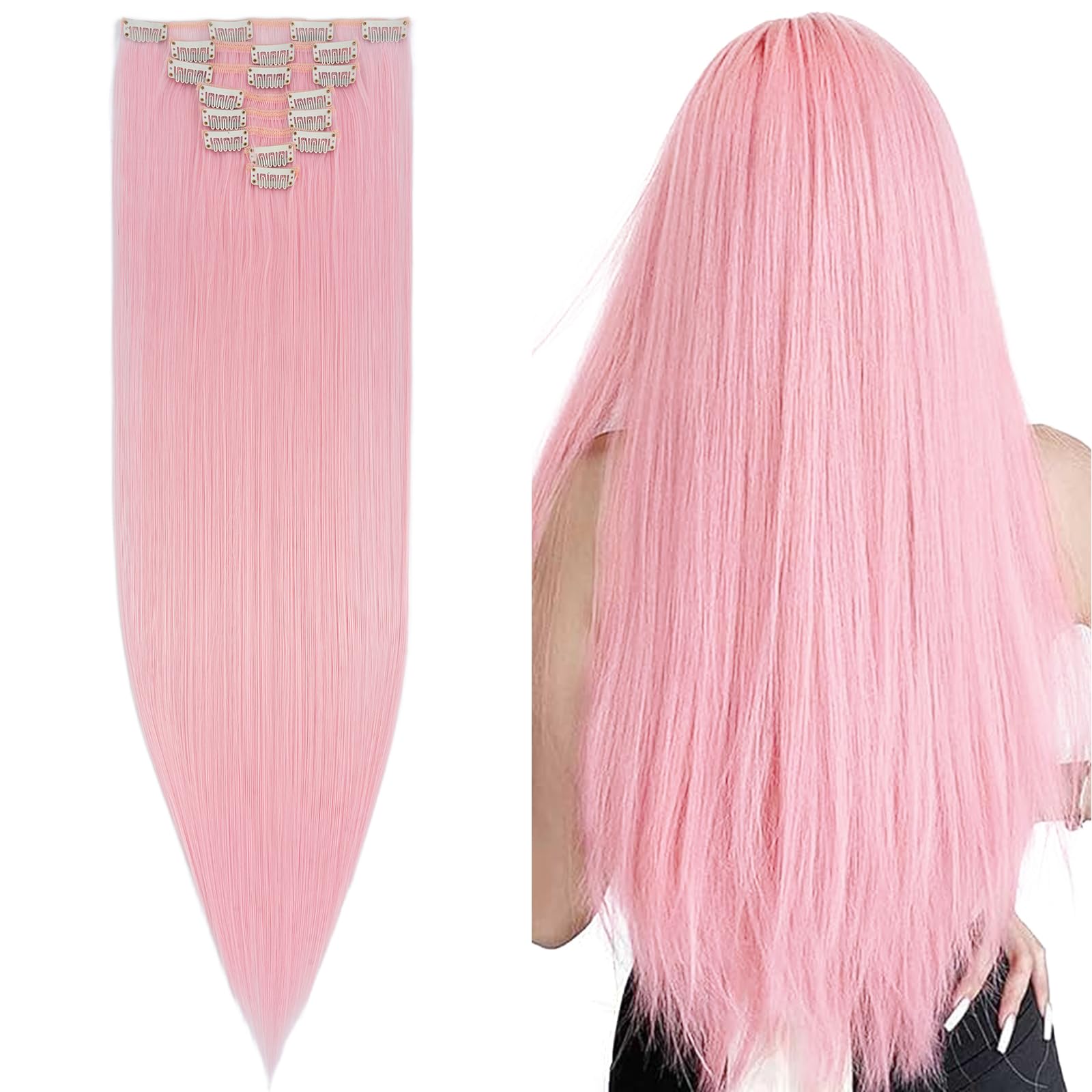Clip in Hair Extensions 8Pcs 26inch Long Straight for Full Head 18 Clips Synthetic Hairpiece Extension -Light Pink