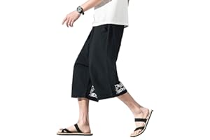 DOSLAVIDA Men's Linen Harem Capri Pants Loose Fit Yoga Beach Shorts Elastic Waist Wide Leg Baggy Cropped Trousers