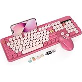 Wireless Keyboard and Mouse Combo, Retro Round Keycaps, Full-Size Cute Typewriter Keyboard with Large Phone/Tablet Holder, Auto-Sleep, 2.4GHz Cordless Connection for Windows/PC/Laptop