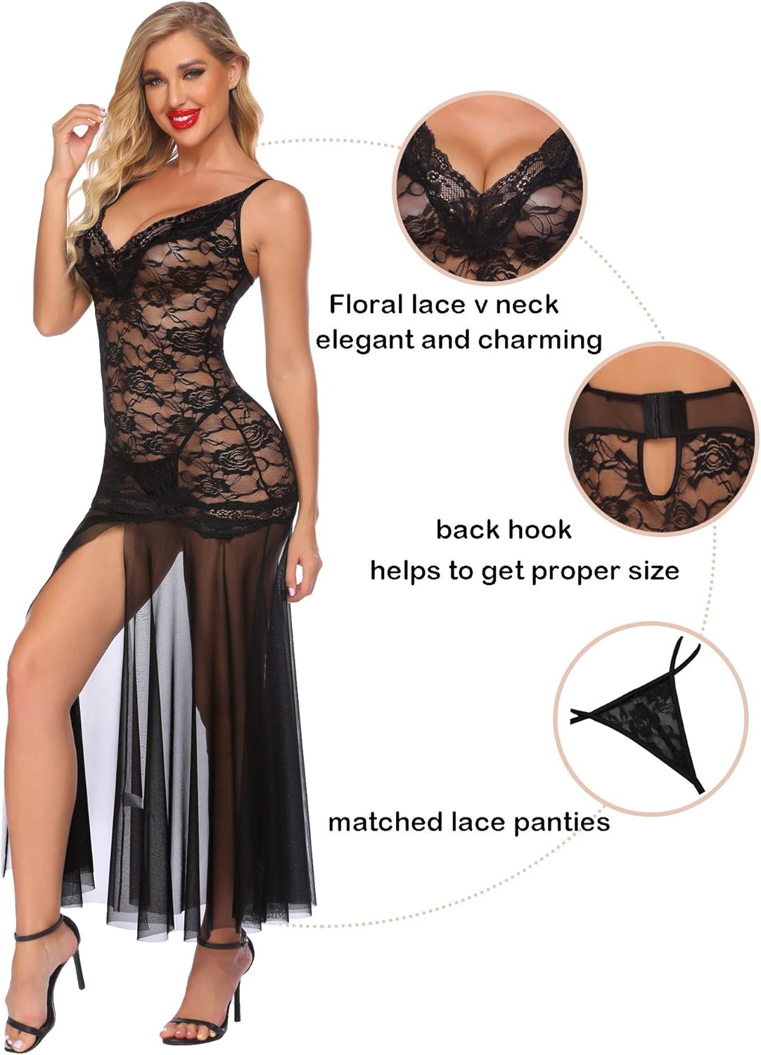 Avidlove Women Long Gown Lingerie V Neck Mesh Chemise Lace Sheer Gown Sexy Boudoir Outfits: Clothing