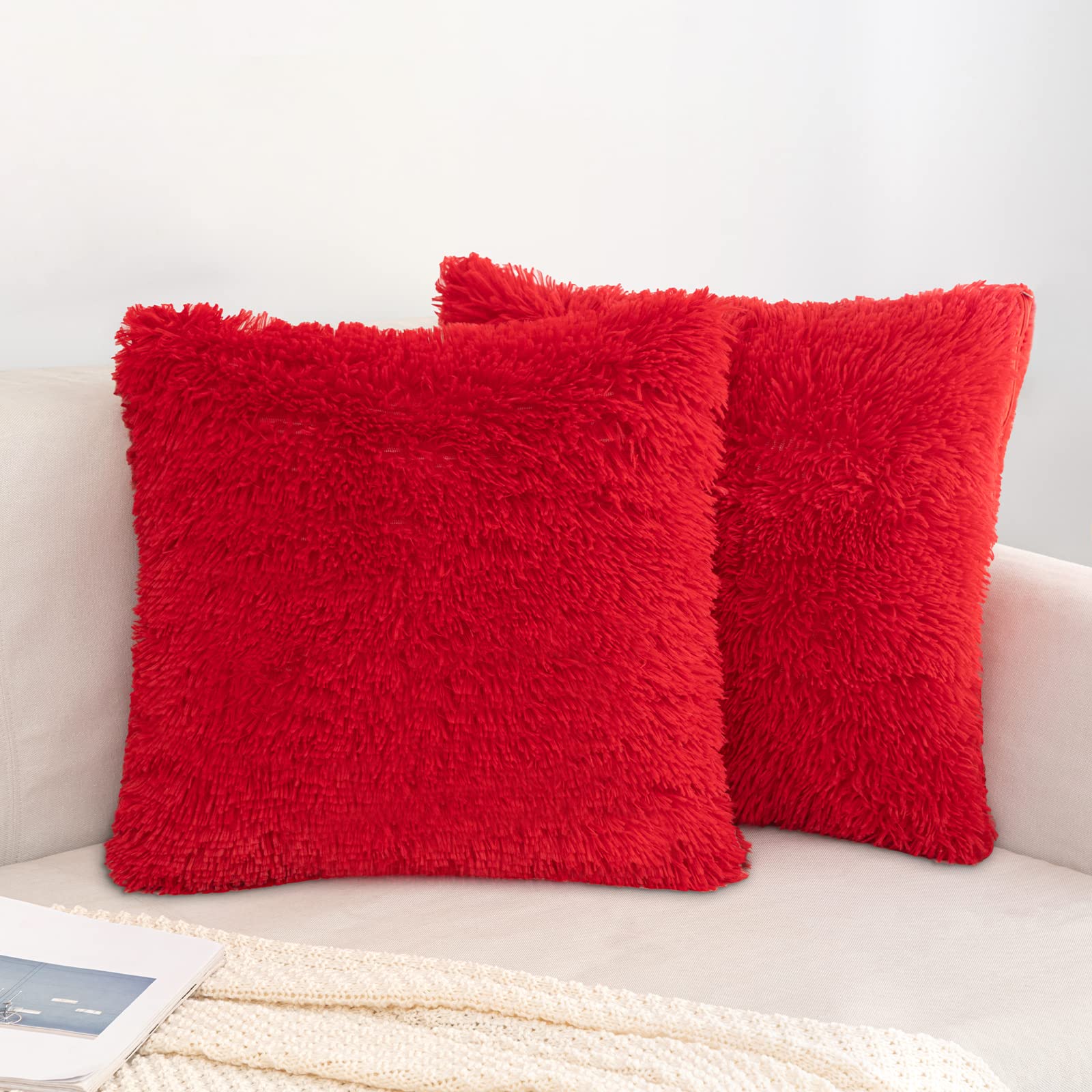 EMEMA Fluffy Cushion Covers Faux Fur Throw Pillow Covers Red Soft Decorative Square Cute Pillow Plush Case For Livingroom Sofa Bedroom 16 x 16 Inch 40 x 40 cm Pack of 2