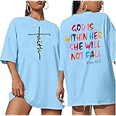 Tewmeu Oversized Christian Tshirts for Women God is Within Her Tops Jesus Faith Shirts Bible Verse Inspirational Graphic Tees