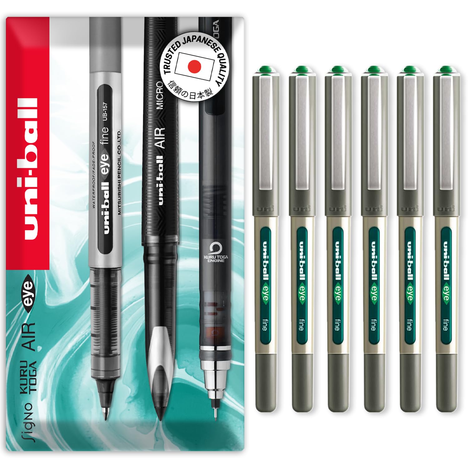 uni-ball EYE - UB-157E Rollerball Pens - 0.7mm Nib - In Envelope Gift Packaging (Pack of 6, Green)