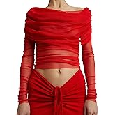 Womens Off Shoulder Long Sleeve Top Ruched Mesh Sexy Crop Shirt Slash Neck Slim Fit See Through Sheer Tee Tops