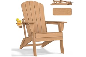 nevilywood Folding Adirondack Chair - Extended Ergonomic Backrest, Cup Holder - Easy Assembly - Durable HDPE Plastic, Weather Resistant & Maintenance-Free - Lawn, Patio, Deck Supports 380lbs,Teak