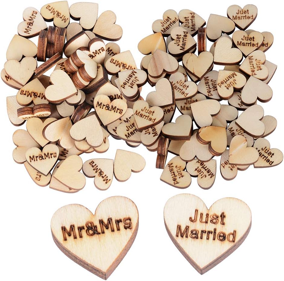 VINFUTUR 100Pcs Small Wooden Heart Slices Mr & Mrs + JustMarried Wooden Heart Embellishments for Wedding Decoration Love Hearts for Crafting Wooden Discs Heart DIY Craft Supplies
