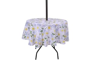 SUQ I OME Patio Tablecloth with Umbrella Hole,Garden Tablecloth with Umbrella Hole and Zipper,Table Cloths for Host Backyard Parties, BBQs,Family Gatherings(Daisy, 60'' Round with Zipper)