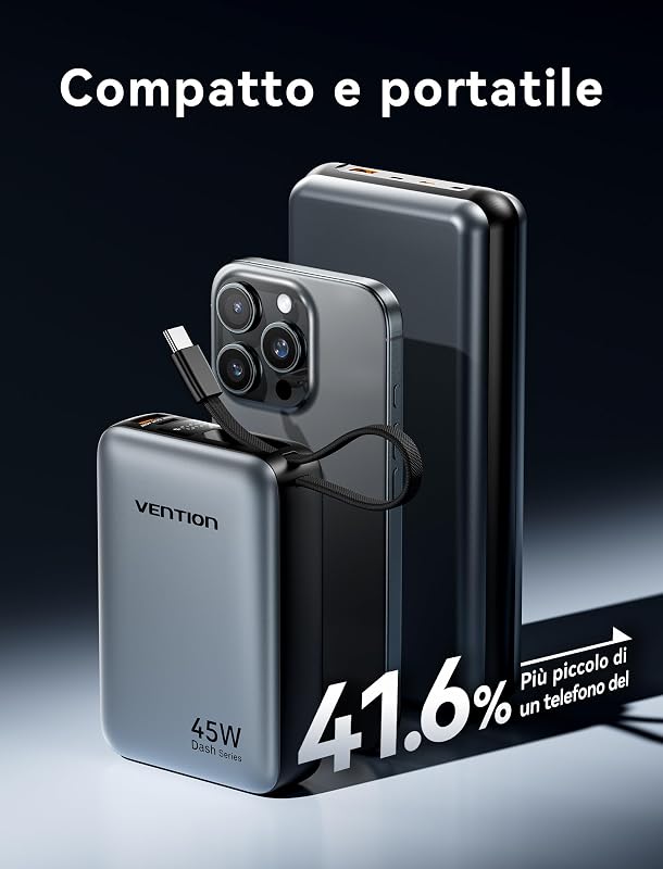 Mini Power Bank 45 W 20000 mAh con cavo USB-C integrato, PD/PPS, caricabatterie rapido, batterie esterne per cellulare con display a LED per iPhone 16/15/14, Galaxy S25/S24, iPad, laptop
